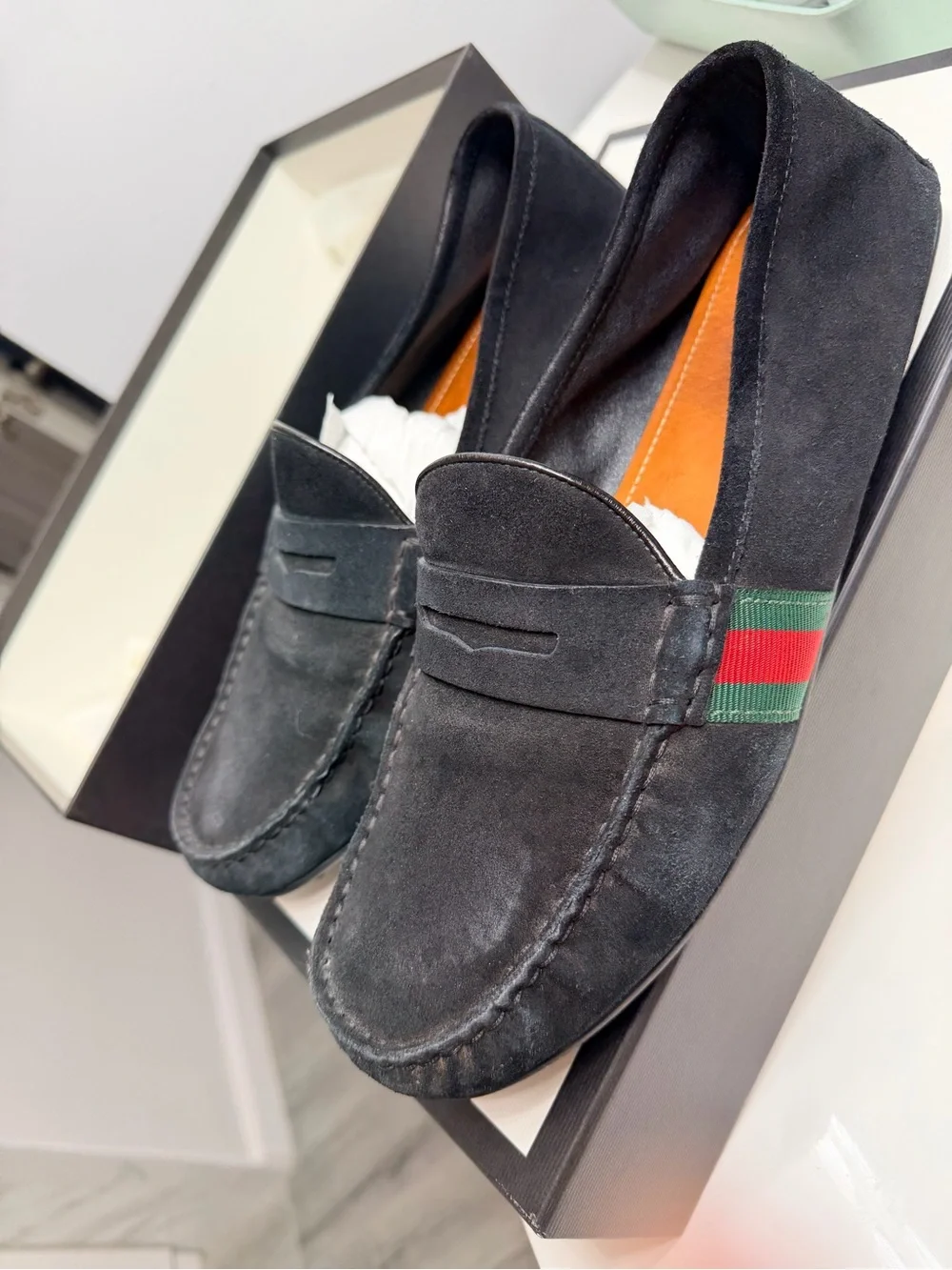 Gucci Black Suede Penny Loafers for Men size 10